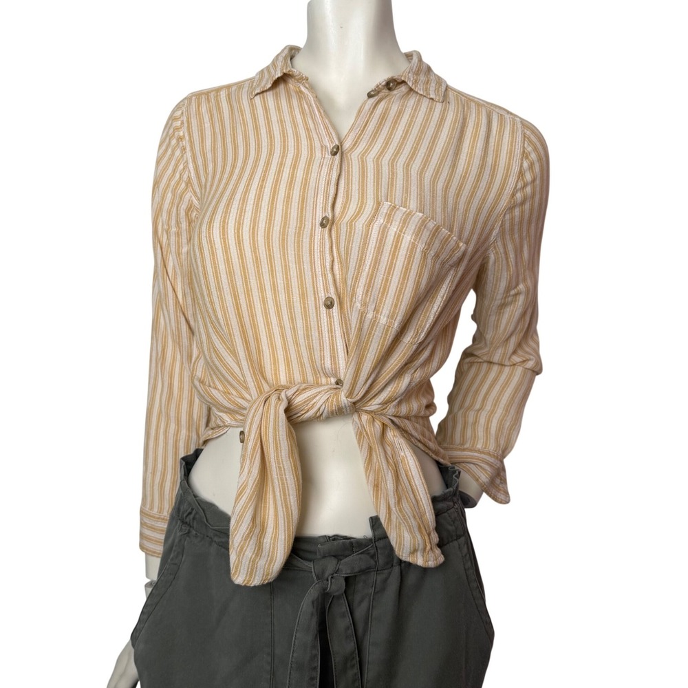 American Eagle Striped Button Down Top 100% Viscose Yellow Cream Lightweight S